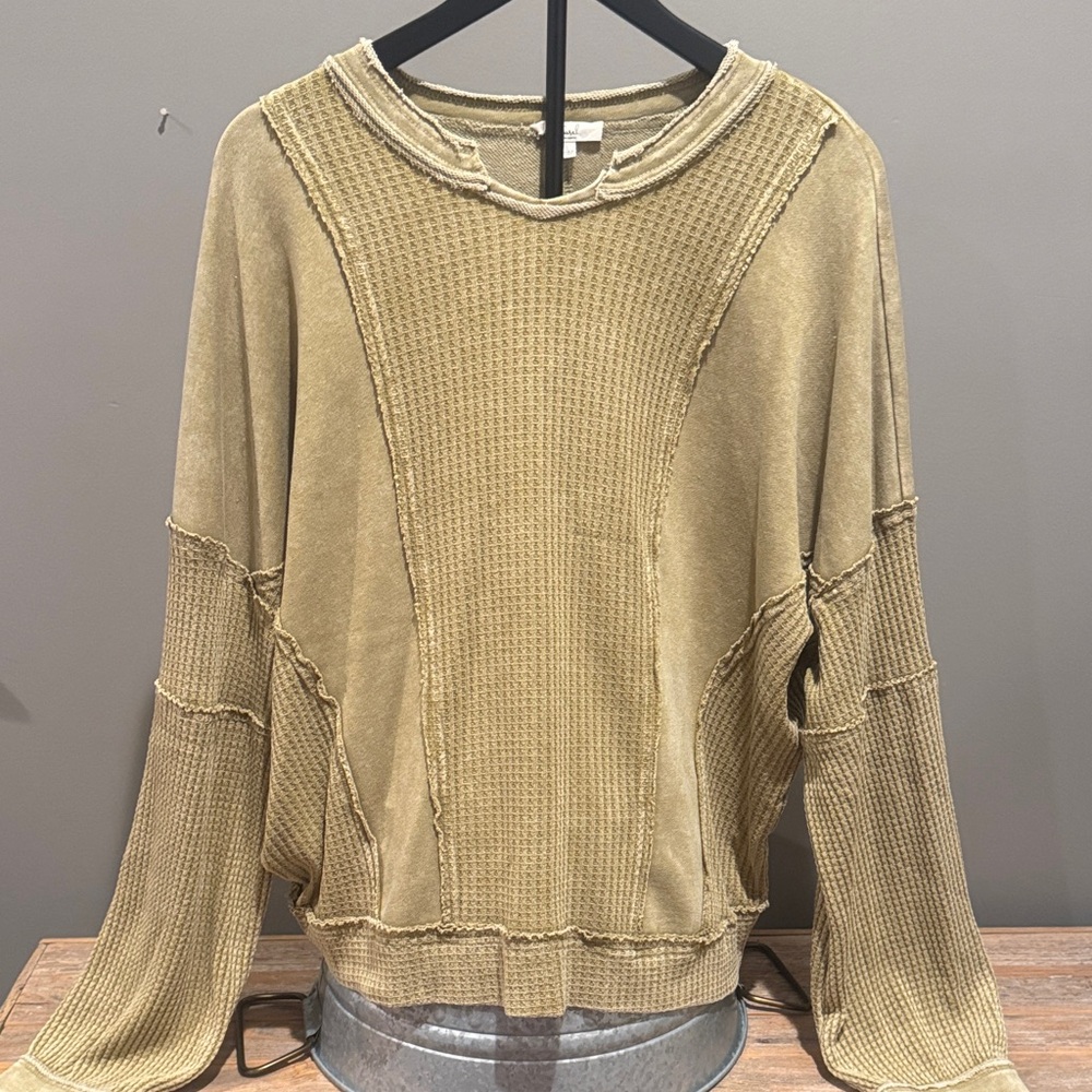 Easel Olive Textured Crew Neck Sweater